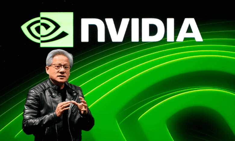NVIDIA-Manager präsentiert technologische Innovationen vor dem NVIDIA-Logo, hervorgehoben auf einem Hintergrund in Neon-Grün und Schwarz.
