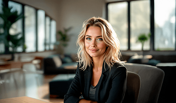 Porträt, erstellt durch künstliche Intelligenz, einer realistischen blonden Frau in einem modernen Büroambiente mit selbstbewusstem Ausdruck und natürlichem Licht. Die Bildgeneration hebt den Einsatz regenerativer Bildtechnologien und KI im visuellen Design hervor.