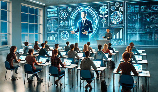 Here is the illustration showing ChatGPT as a digital teacher in a futuristic classroom!
