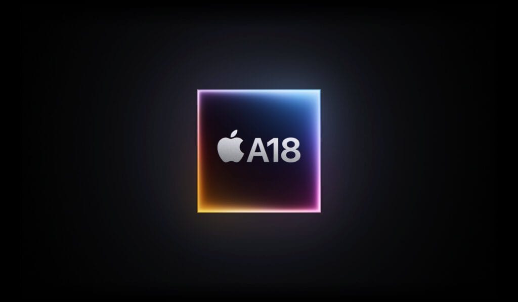 Logo des Apple A18-Chips auf dunklem Hintergrund mit leuchtenden Rändern in Blau-, Lila- und Gelbtönen, das Innovation und Spitzentechnologie hervorhebt.