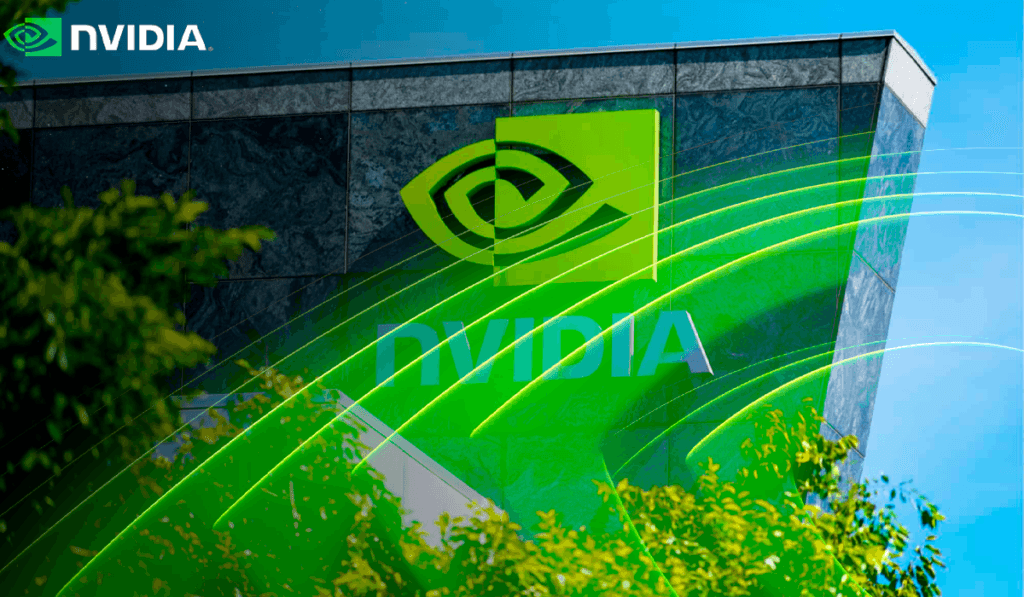 Fassade des NVIDIA-Hauptsitzes mit dem Firmenlogo im Vordergrund, umgeben von Vegetation und grünen grafischen Effekten, die technologische Innovation symbolisieren.